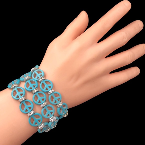 Peace Sign Symbol Turquoise Stone Rhinestones Wrap Around Bracelet or Necklace - Picture 4 of 4